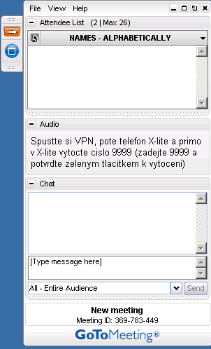 Po přihlášení vyčkejte, než se vám otevře okno se sdílením prezentací, vypadá přibližně jako na obrázku níže: Při prvním přihlášení bude potřeba, abyste si po přihlášení v části audio označili