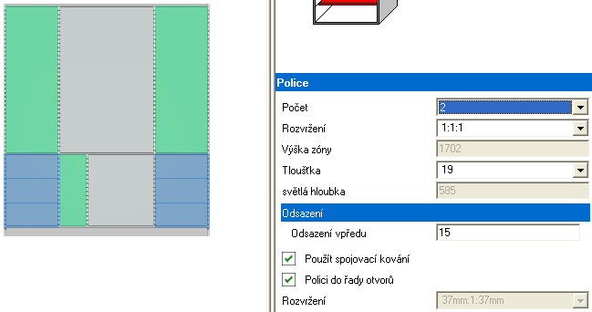 Ve stromové struktuře vybereme Zásuvka vlastní konstrukce / Výsuv Quadro. Do pole Počet zásuvek zadáme 3. Také police lze vložit jediným krokem.