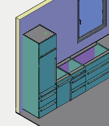 Jako další se vloží horní skříňka. Vybere se skříňka O1000_KL_HK_1 ze složky 01_Kueche_kitchen_19/ 05_Oberschraenke_wallunit / Hoehe_height-433 / 800-1200.