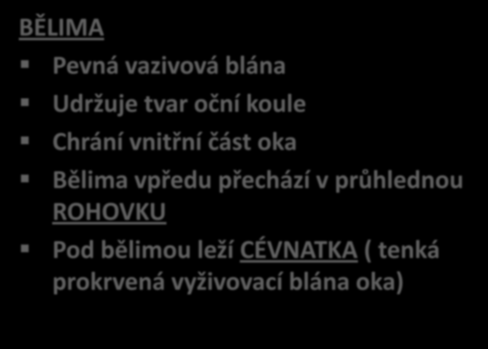 BĚLIMA Pevná vazivová blána Udržuje tvar oční koule Chrání vnitřní část oka Bělima vpředu