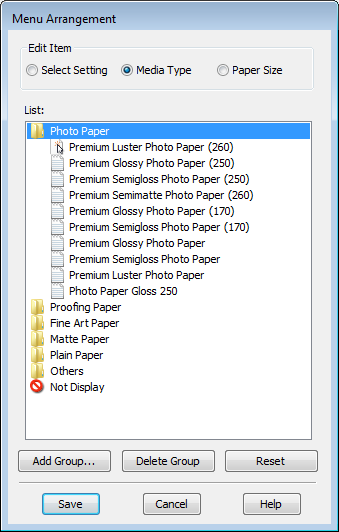 Používání ovladače tiskárny (Windows) Změna uspořádání zobrazených položek Chcete-li zobrazit často používané položky na prvním místě, můžete následujícím způsobem změnit uspořádání položek Select