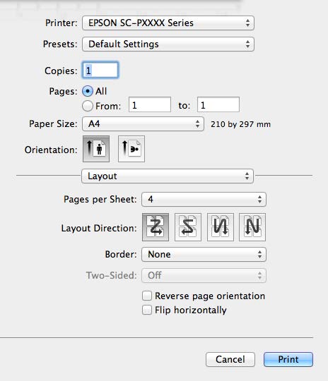 50 Provedení nastavení v systému Mac OS X Když je zobrazena obrazovka Print (Tisk), A vyberte ze seznamu možnost Layout (Rozvržení) a určete počet stránek na jeden list, atd. U Tisk (Mac OS X) na str.
