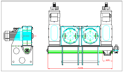 EUM-35 UNIT DOUBLE (ZDVOJENÁ JEDNOTKA) TECHNICKÝ NÁKRES Kladívkový šrotovník x2 motor kw 45,00 plocha síta m² 0,38 kladívka počet 62 konkávní lamely počet 8 kapacita * Kg / h 4000-6000 vzdálenost