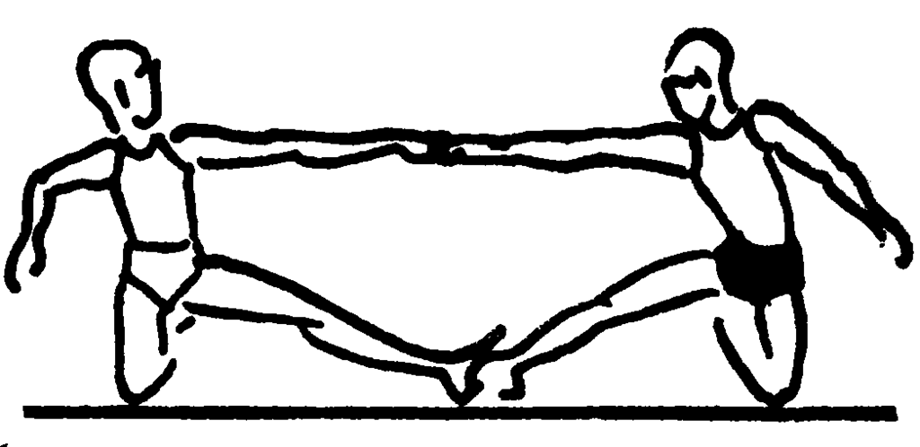 Obr. č. 5. Přetah v kleku únoţném (Roubíček, 1980, p. 37). 2.1.1.3 Přetahy v sedu 11. Přetah o vychýlení stranou. Cvičenci zaujmou sed roznoţný, zády k sobě a vzájemně se zaklesnout lokty.