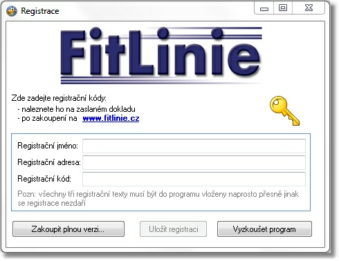 3 Instalační manuál programu Fitlinie Všechny tři registrační texty (registrační jméno, registrační adresa, registrační kód) je NUTNÉ vložit do programu naprosto přesně.