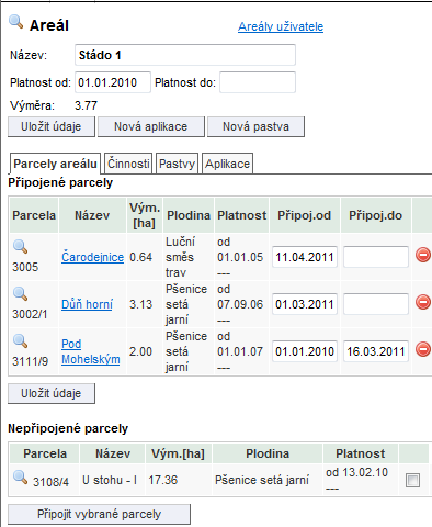 1 Kliknu na záložku Areály a na tlačítko Nový areál. 2 Vyplním název, platnost a uložím. Klikem zde se dostanu na seznam areálů. 3+4 Proklikem názvu areálu se dostanu na areál.