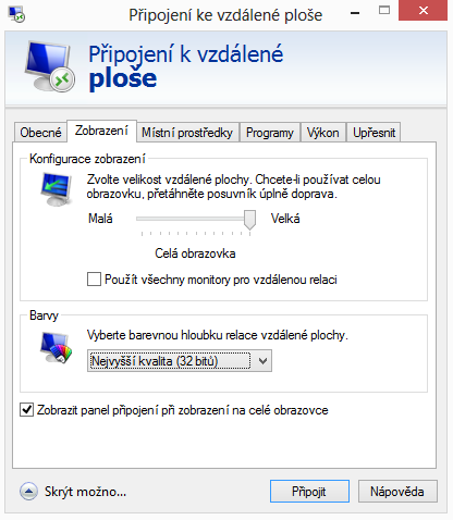 Posuvníkem nastavte velikost Vaší vzdálené plochy na obrazovce. Doporučujeme nastavit na maximum, tj. Celá obrazovka.