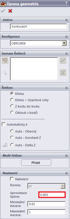 Přesnost obrábění 2D operacích. Položku Aproximace spline lze nastavit na dvou místech: 1.