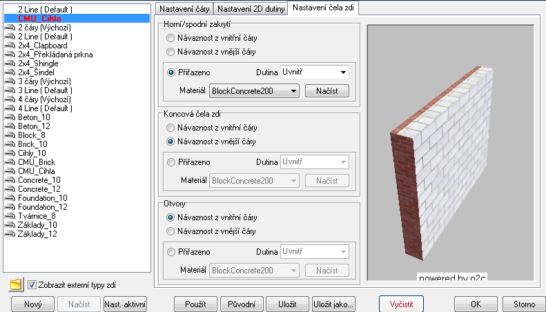 Menu Architekt obsahuje tlačítka Šrafy a Výplně, které řídí zobrazení výplní a šrafovacích vzorů dutin inteligentních zdi nezávisle na ostatních šrafovacích vzorech a výplních ve výkrese.