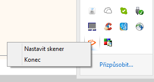 Nastavení se provede přes zobrazenou ikonku v pravém dolním rohu u hodin. Když se klikne na ikonku pravým tlačítkem, tak se zobrazí nabídka s položkami Nastavit skener a Konec.