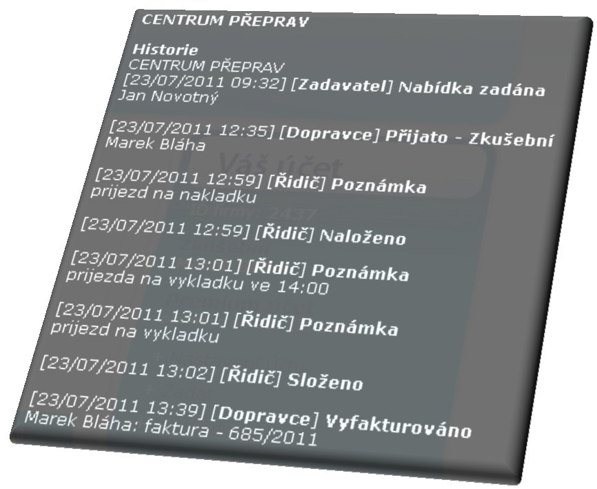 Historie přepravy Profidispečink Jednotlivé kroky přepravy jsou podrobně zaznamenávány v historii přepravy.