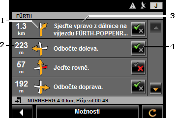 5.7.4 Popis trasy Před spuštěním navigace nebo kdykoliv během ní si můžete nechat zobrazit podrobný itinerář vygenerované trasy. V tomto seznamu jsou zobrazeny všechny jízdní pokyny v podobě tabulky.