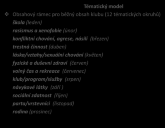 Nízkoprahový klub pro děti od 6 do 15 let Tématický model Obsahový rámec pro běžný obsah klubu (12 tématických