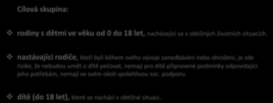 Sociálně aktivizační služby pro rodiny s dětmi (sanace rodin) Cílová skupina: rodiny s dětmi ve věku od 0 do 18 let, nacházející se v obtížných životních situacích.