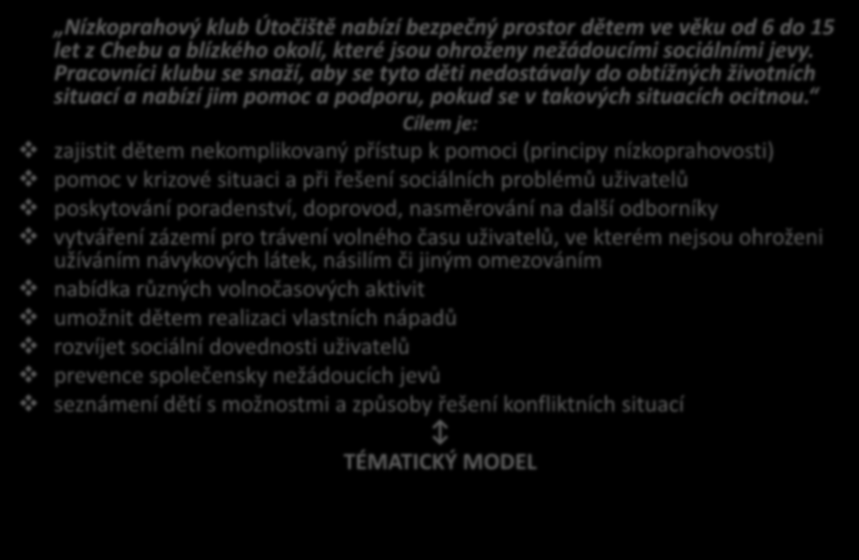 Nízkoprahový klub pro děti od 6 do 15 let Nízkoprahový klub Útočiště nabízí bezpečný prostor dětem ve věku od 6 do 15 let z Chebu a blízkého okolí, které jsou ohroženy nežádoucími sociálními jevy.