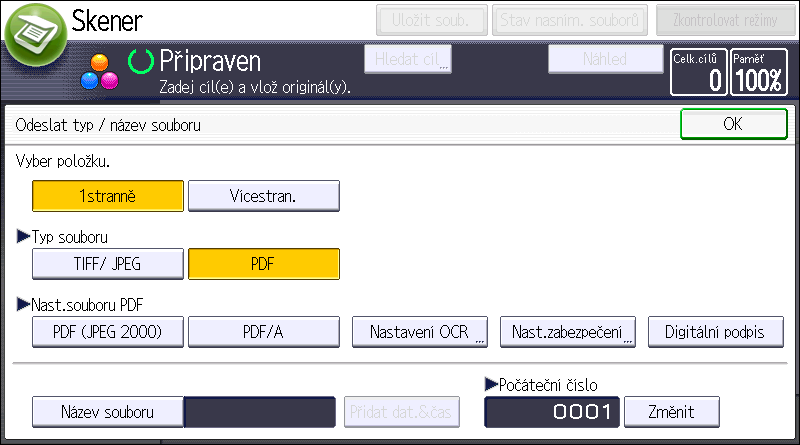 5. Skenování Zadání typu souboru Tato část popisuje postup zadávání typu souboru, který chcete odeslat.