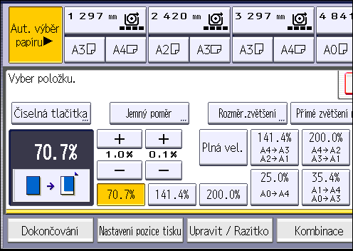3. Kopírování 1. Stiskněte [Zvětš./Zmenš.]. 2. Vyberte poměr a poté stiskněte [OK]. 3. Vložte originál a potom zahajte skenování.