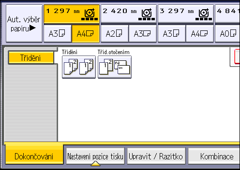 3. Kopírování 1. Stiskněte položku [Dokončování]. 2. Vyberte [Třídění] nebo [Tříd. otočením] a poté stiskněte [OK]. 3. Pomocí číselných tlačítek zadejte počet sad kopií. 4.