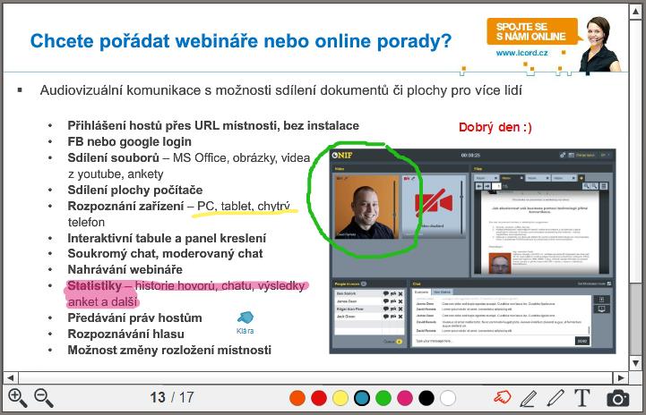 v aktivním hovoru přibude vám funkce kreslení, zvýrazňování, psaní textu do sdíleného dokumentu či sdílený kurzor. Vše je znázorněno na obrázku níže.