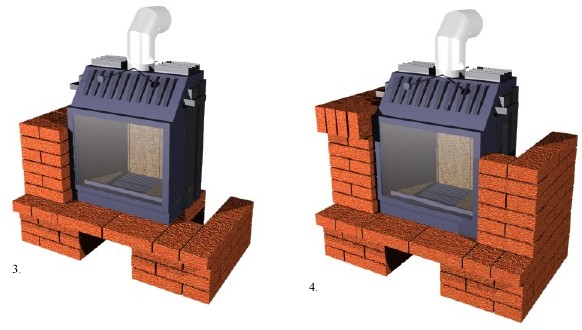 3/ a 4/ Usaďte krbovou vložku (doporuč. podmáznout maltou, aby se po usazení nekývala). Dále proveďte připojení do komínu. Odkouření zapojte do komínu alespoň 6 cm hluboko.