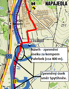 Obrázek 26: Návrh v úseku kemp Pahrbek Spytihněv Zdroj: (Autorka s využitím zdroje 19) Zhodnocení návrhů a) Vedení cyklotrasy po místních komunikacích města Tímto návrhem by se docílilo větší