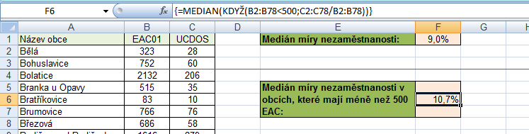 Příklad: 2.2 V analyzovaném souboru Sablona_GIS0_0610_OP.xlsx určete medián míry nezaměstnanosti v obcích, které mají méně neţ 500 ekonomicky aktivních obyvatel.