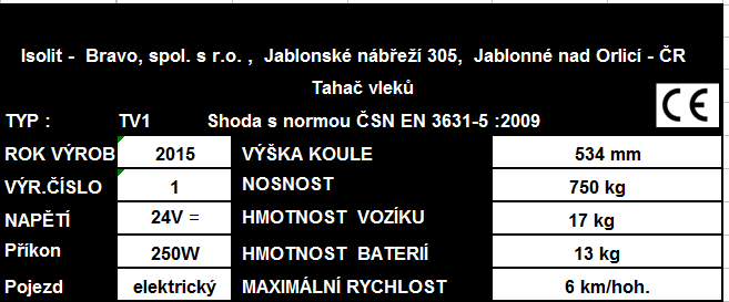 Technické parametry Tahače Nosnost tahače.. 750 kg Maximální rychlost tahače 4,5 km/hod Napětí motoru 24 V = Výkon motoru.