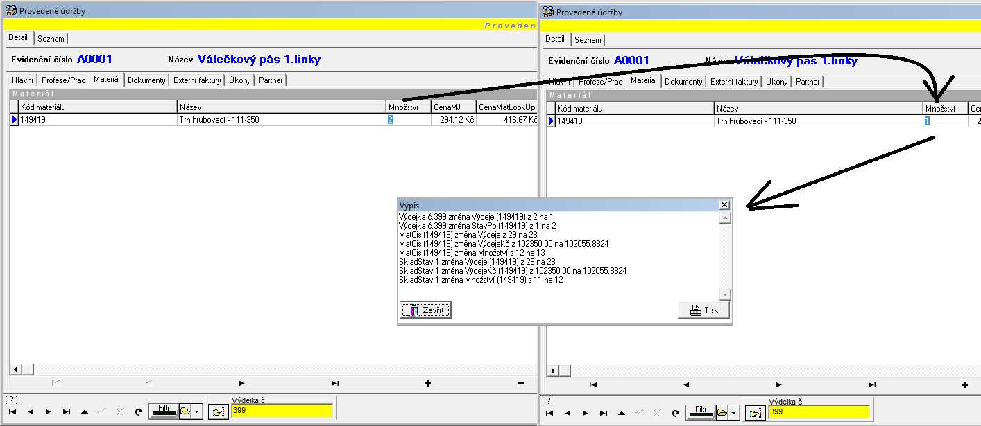 5. Možnost zpětně editovat materiál v provedené údržbě tak, že se změna promítne i ve skladovém hospodářství.