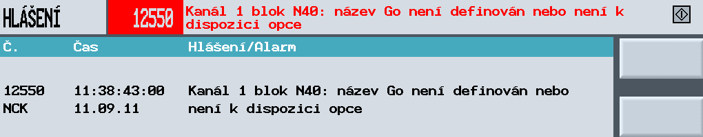 1.2.2.5 Seznam alarmů Zde se vypisují všechna momentálně existující hlášení a alarmy i s číslem chyby.