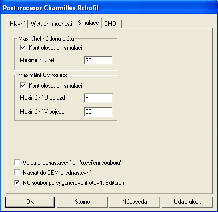 Nyní ještě provést základní nastavení pro simulaci. Zde můžete např. nastavit, od jaké maximální velikosti úhlu úkosu se při simulaci drátového obrábění má zobrazovat výstražné upozornění.