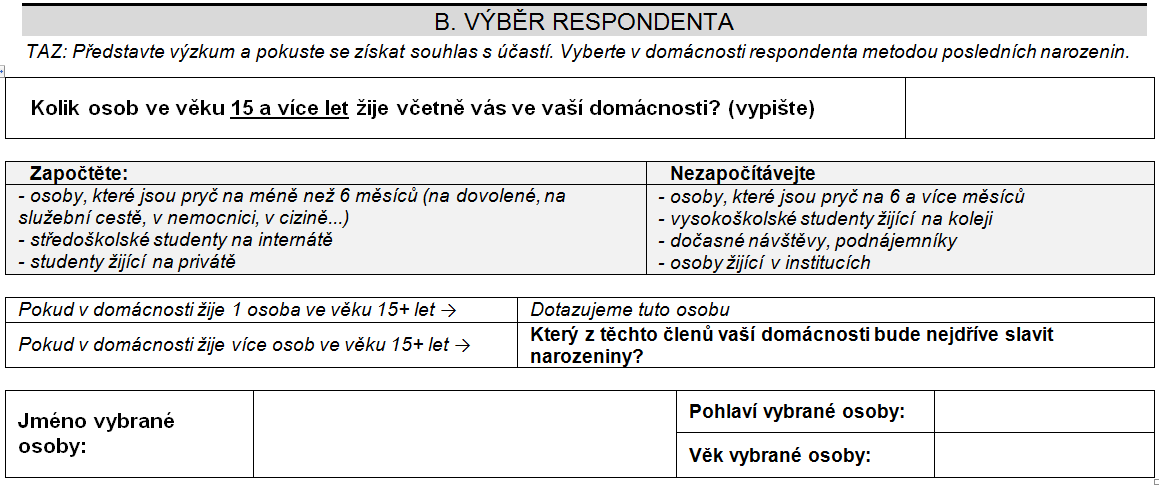 Výběr respodenta v domácnosti Zjistěte, kolik je v domácnosti osob 15+ a vypište Zjistěte, jaký člen bude