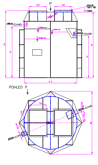 Obr. 1: Hlavní a připojovací rozměry ČOV SBR-P-15 až SBR- P- 50, ČOV