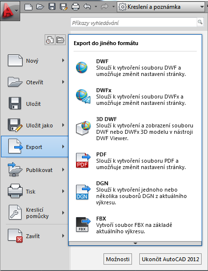 Export výkresů Výkres lze exportovat například do PDF Lze také exportovat do souboru DWF (Deisign Web Format) vyvinutý firmou Autodesk. DWF je určen pro distribuci, prohlížení, odměřování a tisk.
