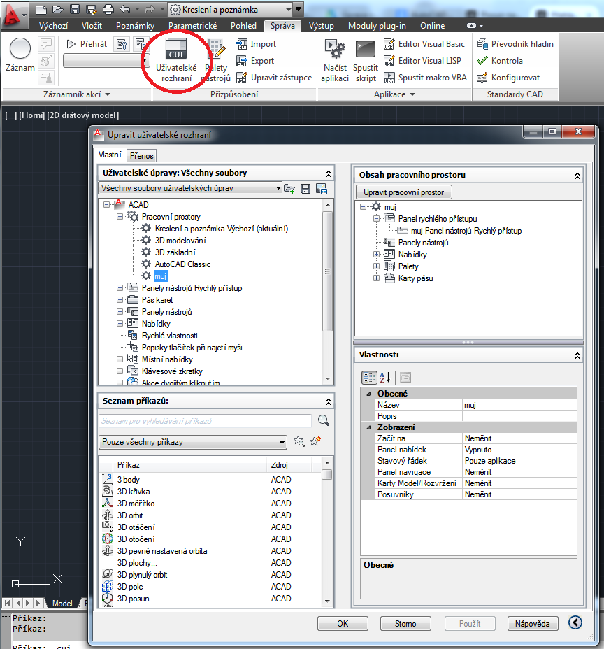 V rámci programu Autocad se nemusíme omezit pouze na pracovní prostory Kreslení a poznámka případně Autocad Classic.