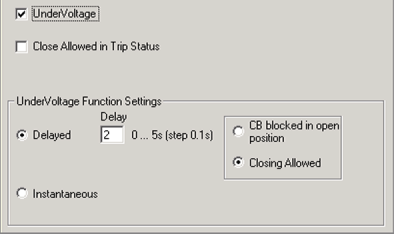 14.5.5.7.1 Konfigurace SW Obr. 39 Když je podpěťová funkce aktivní (označená), jsou nastavení podpěťové funkce aktivní a provozní režim funkce může být nastaven.