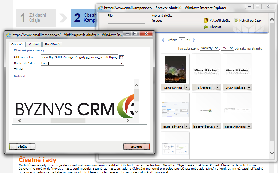 b. Krok 2 design emailu pomocí HTML editoru Emailové kampaně v CRM 2011 Obrázek