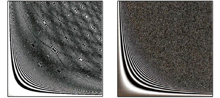 Nemůže zde docházet ke shlukování vzorků v tak velké míře. Šum není tak výrazný po celém obrázku a moiré patterns tu také nejsou v tak velké míře.