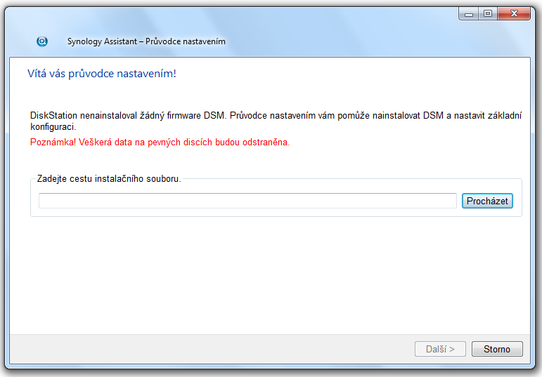 3 Klepnutím na možnost Procházet vyhledejte instalační soubor DSM_[název modelu]_[číslo].pat ve složce DSM na instalačním disku.