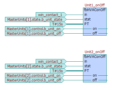 FUNCTION_BLOCK fbhvaconoff VAR_INPUT in : BOOL; // kontakt, ktery pri zmene stavu ovlada // zapnuti/vypnuti klimatizace stat : BOOL; // stav klimatizace (0-off, 1-on) PT : TIME := T#30s; // predvolba