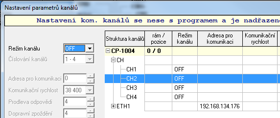 3.6 Nastavení komunikačního kanálu PLC 3.6.1 Komunikační kanály CH1, CH2, CH3, CH4 Pro komunikaci s nadřízeným systémem je možné použít sériový kanál PLC, který musí být nastaven v režimu UNI.