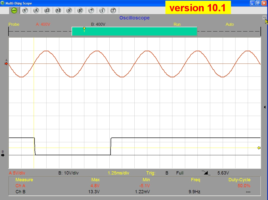 Ikona pro maximalizování ovládacího panelu 1 Ikona pro maximalizování ovládacího panelu 2 Obr. 35 Pracovní plocha osciloskopu se, díky minimalizování ovládacího panelu, podstatně zvětšila.