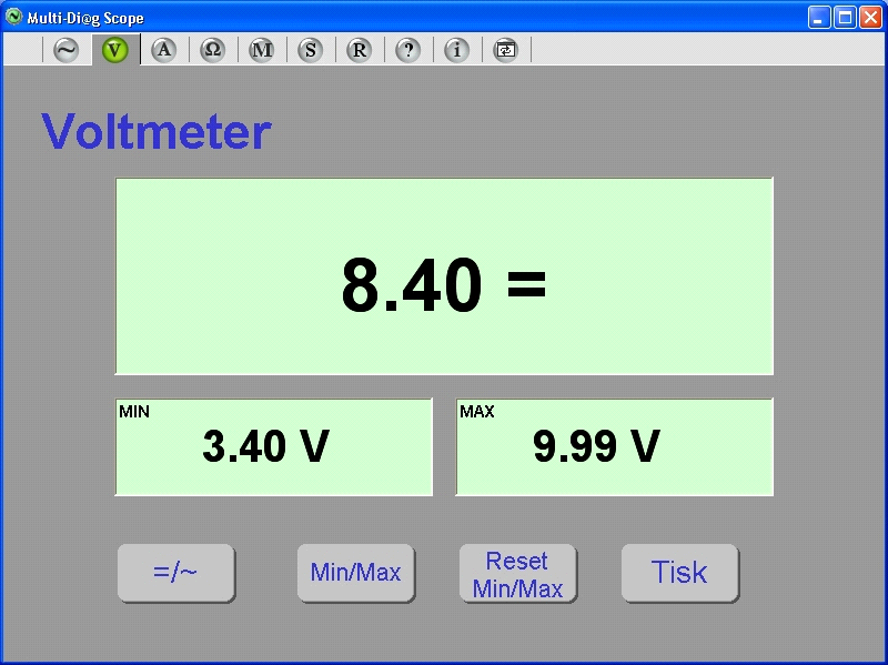 Okamţitá hodnota měřeného napětí. Minimální hodnota napětí ze všech okamţitých hodnot napětí od počátku měření (to je po zapnutí voltmetru nebo po vynulování tlačítkem RESET MIN/MAX).
