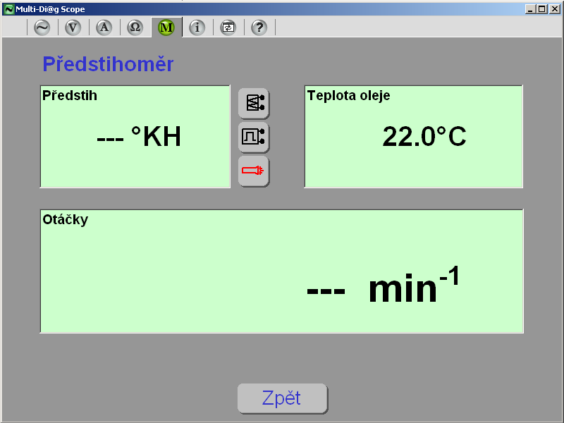 Kap. II - Multi-Diag Motortester Obr. 117 Menu pro měření na zážehovém motoru 5.1 PŘEDSTIHOMĚR Ve funkci předstihoměru se měří otáčky, předstih záţehu a teplota oleje.