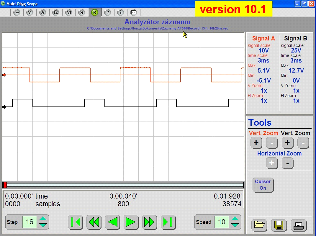 Kap. IV - Record Analyzer (Analyzátor záznamů) 1 -.. Nastavení počtu políček na rastru osciloskopu (rozsah 1 aţ 16) pro skokový posun záznamu při stisku tlačítka poz.3 nebo 6. 2 -.