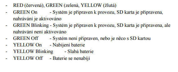 - RED (červená), GREEN (zelená, YELLOW (žlutá) - GREEN On - Systém je připraven k provozu, SD karta je připravena,
