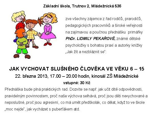Základní škola, Trutnov 2, Mládežnická 536 Důležité informace Změna přístupu do pavilonu A (1. - 3. třídy a ŠD) Vážení rodiče, od 15. 2. 2013 dochází z bezpečnostních důvodů ke změně přístupu do pavilonu A, kde jsou umístěny 1.