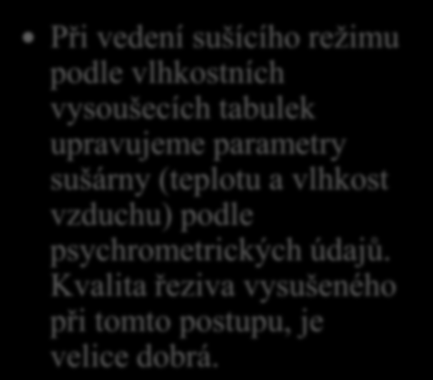 17. Jak se řídí vysoušecí režim v sušárně podle vlhkostních tabulek a jaký je výsledek sušení tímto způsobem?