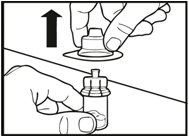 Adaptér nevyjímejte z obalu. Během procesu se nedotýkejte adpatéru. Postavte lahvičku s práškem na rovnou plochu. Držte obal a umístěte adaptér na vrchní část lahvičky s práškem.