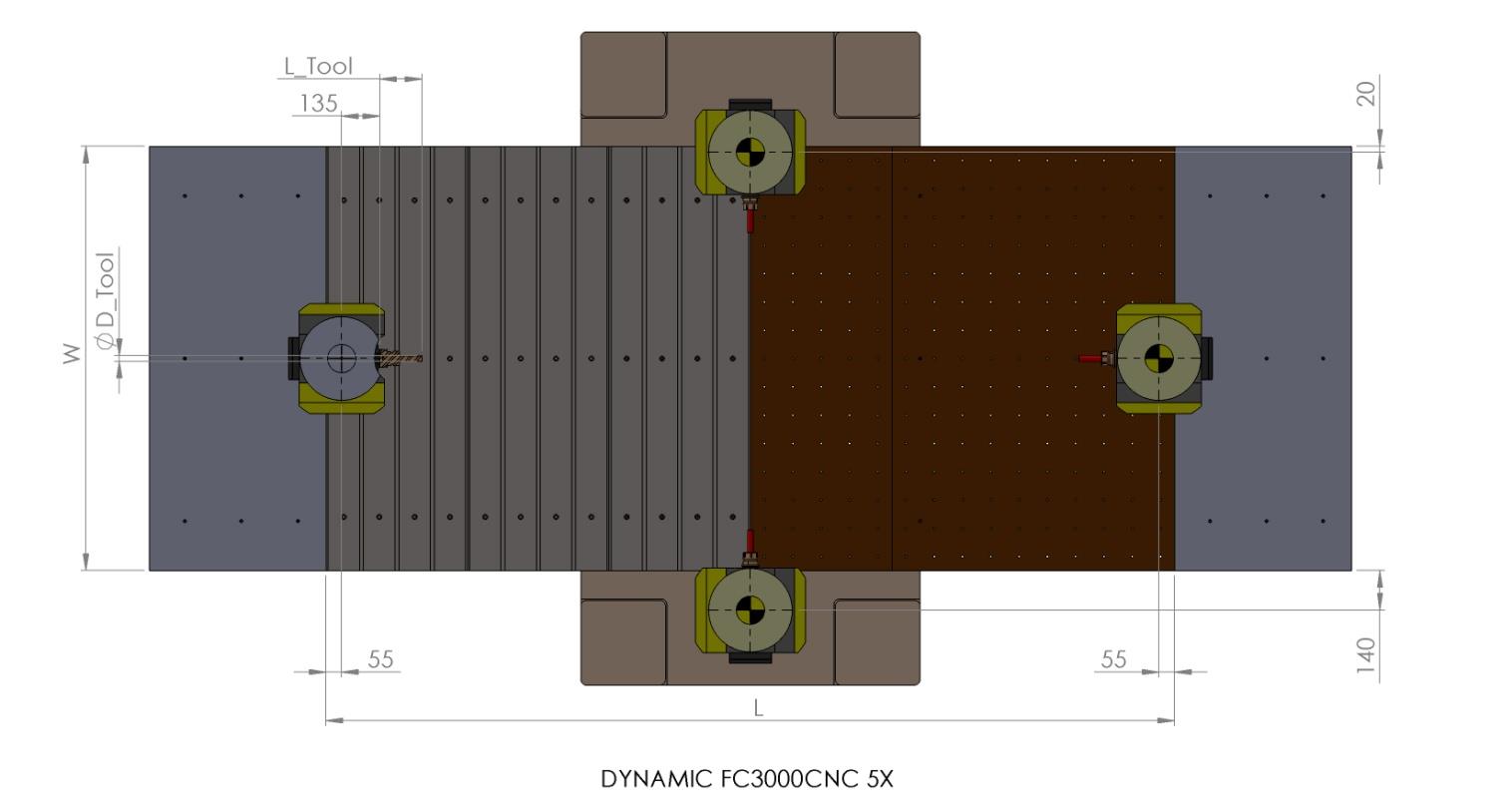 Maximální rozměr obrobku FC3000CNC 5X (L_Tool = 150; D_Tool = 20) 3X 5X max. délka obrobku = L - 2 x 55 - D_Tool = 3000-2 x 55-20 = 2870 mm max.