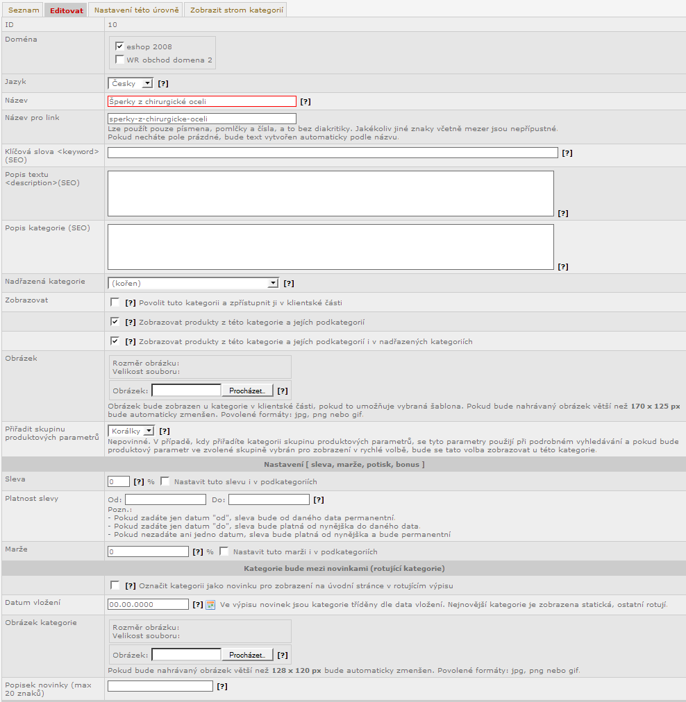 Obrázek 42 - vložení/editace kategorie Název pro link název kategorie, který se použije v odkazu na kategorii. V názvu pro link lze použít pouze písmena bez diakritiky, pomlčky a čísla.